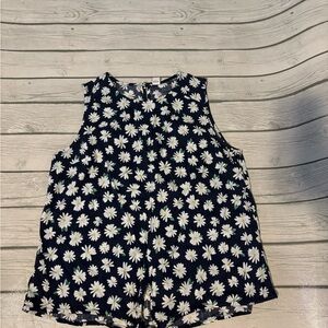 Floral Sleeveless Top - navy and White